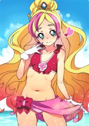 Rule 34 | 1girl, bikini, blonde hair, bow, closed mouth, cloud, collarbone, cowboy shot, cure flora, day, gloves, go! princess precure, green eyes, haruno haruka, heart, long hair, looking at viewer, magical girl, multicolored hair, navel, pink hair, precure, red bow, rumo, sky, smile, solo, swimsuit, two-tone hair, waist bow, water, white gloves