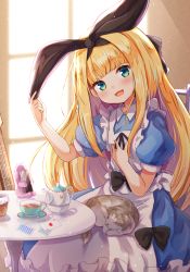 Rule 34 | 1girl, :d, ace (playing card), ace of hearts, animal, animal on lap, apron, baram, black bow, black ribbon, blonde hair, blue dress, blunt bangs, blush, bow, card, cat, cellphone, commentary request, cup, day, dress, frilled apron, frills, green eyes, guitar, hair ribbon, head tilt, heart, highres, indoors, instrument, long hair, looking at viewer, mononobe alice, mononobe alice (1st costume), nijisanji, on chair, on lap, open mouth, phone, playing card, puffy short sleeves, puffy sleeves, ribbon, short sleeves, sitting, smile, solo, sunlight, table, teacup, teapot, very long hair, virtual youtuber, white apron, window