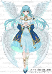 Rule 34 | 1girl, angel, angel wings, blue eyes, blue hair, braid, breasts, dated, earrings, fantasy, full body, gold trim, jewelry, long hair, looking at viewer, medium breasts, mena (suzunoki), original, own hands together, sample watermark, simple background, solo, standing, straight-on, tachi-e, watermark, white background, white wings, wings
