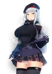 Rule 34 | 1girl, beret, black hat, black thighhighs, blunt bangs, breasts, clothes writing, facial mark, girls&#039; frontline, green eyes, hair ornament, hat, hk416 (girls&#039; frontline), jacket, large breasts, long hair, long sleeves, looking at viewer, panties, plaid, plaid skirt, silver hair, skirt, solo, steam, sweat, teardrop, thighhighs, underwear, undressing, white background, white panties, yellowseeds
