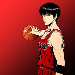 Rule 34 | 1990s (style), 1boy, armband, ball, basketball, basketball (object), basketball uniform, black eyes, black hair, chris re5, collarbone, crosshatching, gradient background, hatching (texture), highres, holding, holding ball, looking at viewer, male focus, outstretched arm, red background, retro artstyle, rukawa kaede, slam dunk (series), solo, sportswear, upper body