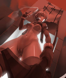 Rule 34 | 1girl, bottomless, breasts, cleft of venus, collar, glowing, glowing eye, gun, highres, hip bones, holding, holding weapon, jiffic, midriff, nipples, pussy, revealing clothes, robot, robot girl, short hair, smoke, smoking barrel, the citadel, thighhighs, thighs, underboob, weapon