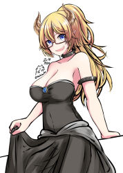 Rule 34 | 1girl, armlet, bare shoulders, bespectacled, black dress, blue eyes, bowsette, breasts, cleavage, collar, dress, glasses, horns, large breasts, long hair, looking at viewer, mario (series), nekobaka, new super mario bros. u deluxe, nintendo, open mouth, pointy ears, ponytail, red-framed eyewear, semi-rimless eyewear, simple background, sketch, smile, solo, spiked armlet, spiked collar, spikes, teeth, twitter username, under-rim eyewear, white background