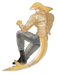 Rule 34 | 1boy, bandaged tail, black eyes, black footwear, boots, brown jacket, closed mouth, colored skin, commentary, dorsal fin, english commentary, fins, fish tail, full body, furry, furry male, gills, glack, grey pants, highres, jacket, korean commentary, long sleeves, looking at viewer, male focus, mixed-language commentary, multicolored skin, original, pants, piercing, scar on tail, shark boy, shark tail, simple background, slit pupils, solo, standing, standing on one leg, tail, tail ornament, tail piercing, white background, yellow pupils, yellow skin