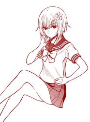 Rule 34 | 1girl, a certain high school uniform, accelerator (toaru majutsu no index), albino, ambiguous gender, androgynous, april fools, bare legs, bow, cowboy shot, crossed legs, electrodes, expressionless, flower, gacha, genderswap, genderswap (mtf), greyscale, hair flower, hair ornament, hand in own hair, hand on own hip, lily (flower), limited palette, looking at viewer, miniskirt, monochrome, nogi yasuhito, official alternate costume, official art, red eyes, sailor collar, sanpaku, school uniform, short sleeves, sitting, sketch, skirt, solo, spot color, suzushina yuriko, toaru majutsu no index