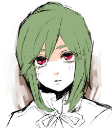 Rule 34 | 1girl, bad id, bad pixiv id, green hair, kagerou project, kido tsubomi, ooyama (hnk1018), partially colored, red eyes, sidelocks, simple background, solo, upper body, white background, aged down