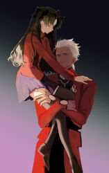 Rule 34 | 1boy, 1girl, absurdres, archer (fate), black hair, black thighhighs, brown hair, carrying, carrying person, dark-skinned male, dark skin, fate/stay night, fate (series), hair ribbon, highres, holding, kotomine (a1569), long hair, long sleeves, ribbon, skirt, thighhighs, tohsaka rin, twintails, two side up, white hair, zettai ryouiki