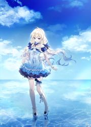 Rule 34 | 1girl, absurdres, ahoge, blonde hair, blue bow, blue choker, blue dress, blue sky, blush, bow, breasts, choker, closed mouth, cloud, commission, danby merong, day, dress, flower, frilled dress, frills, full body, hair bow, high heels, highres, horizon, huge filesize, long hair, low twintails, ocean, original, outdoors, rose, shoes, sky, small breasts, smile, solo, standing, twintails, very long hair, water, white flower, white footwear, white rose