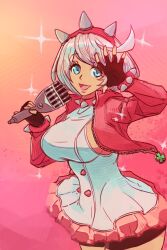 Rule 34 | 1girl, absurdres, blue eyes, breasts, collar, dress, elphelt valentine, guilty gear, guilty gear strive, hairband, highres, holding, large breasts, looking at viewer, microphone, pink sweater, sideboob, solo, sparkle background, spiked collar, spiked hairband, spikes, sweater, taobaka, white dress, white hair