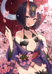 Rule 34 | 1girl, :d, absurdres, bare shoulders, black hair, blurry, blurry foreground, branch, breasts, collarbone, commentary request, depth of field, fangs, fate/grand order, fate (series), flower, hands up, headpiece, highres, holding, holding branch, holding umbrella, horns, japanese clothes, kimono, long sleeves, looking at viewer, nosetissue, obi, off shoulder, oil-paper umbrella, oni, open mouth, petals, pink flower, purple eyes, purple kimono, red umbrella, revealing clothes, sash, short eyebrows, short hair, shuten douji (fate), skin-covered horns, small breasts, smile, solo, thick eyebrows, umbrella, wide sleeves
