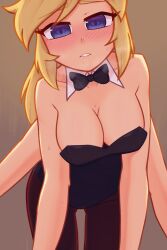 Rule 34 | 1girl, absurdres, black leotard, blonde hair, blue eyes, blush, bow, bowtie, breasts, detached collar, extra arms, fangs, highres, large breasts, leotard, long hair, monster girl, neck, nose, original, playboy bunny, simple background, solo, strapless, strapless leotard, xyronii