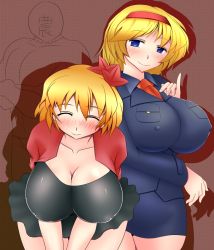 Rule 34 | 1boy, 2girls, ^ ^, aki shizuha, alice margatroid, artist request, black dress, blonde hair, blue eyes, blush, breasts, closed eyes, commentary request, cowboy shot, crossed arms, curvy, dress, hairband, jacket, large breasts, leaning forward, looking at viewer, miniskirt, multiple girls, muscular, pinky out, receptionist (ytrst), red hairband, red jacket, red neckwear, short dress, sin sack, skirt, smile, standing, tagme, touhou, uniform, yukkuri to rooru suru trpg