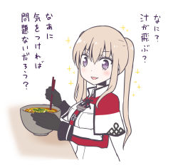 Rule 34 | 10s, 1girl, black gloves, blonde hair, bowl, capelet, chopsticks, commentary request, cross, death flag, food, gloves, graf zeppelin (kancolle), hair between eyes, harunatsu akito, holding, holding chopsticks, iron cross, kantai collection, long hair, long sleeves, looking at viewer, military, military uniform, no headwear, noodles, sidelocks, smile, solo, sparkle, translation request, twintails, udon, uniform