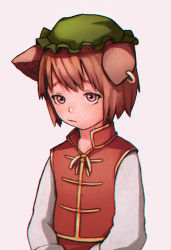 Rule 34 | 1girl, animal ears, brown eyes, brown hair, cat ears, chen, chromatic aberration, earrings, hat, highres, jewelry, long sleeves, looking at viewer, md5 mismatch, mob cap, portrait, resized, resolution mismatch, ryonma, shirt, short hair, simple background, single earring, solo, source smaller, touhou, upper body, upscaled, vest