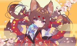 Rule 34 | 1girl, aka kan, amagi-chan (azur lane), animal ears, azur lane, ball, brown hair, cherry blossoms, commentary request, eyes visible through hair, fox ears, fox girl, fox tail, hair ribbon, highres, holding, holding ball, japanese clothes, kimono, kitsune, kyuubi, long hair, looking at viewer, multiple tails, off shoulder, petals, purple eyes, ribbon, rope, shimenawa, sidelocks, solo, tail, thick eyebrows, twintails, wide sleeves