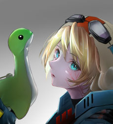 Rule 34 | 1girl, animification, apex legends, armor, blonde hair, blue eyes, facial scar, from side, goggles, goggles on headwear, grey background, head tilt, highres, hikari (hikaripauwa), holding, holding stuffed toy, looking at viewer, nessie (respawn), official alternate costume, parted lips, scar, scar on cheek, scar on face, short hair, solo, stuffed toy, wattson (apex legends), wired for speed wattson