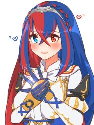 Rule 34 | 1girl, :d, alear (female) (fire emblem), alear (fire emblem), blue eyes, blue gloves, blue hair, bow, bowtie, braid, breasts, crossed bangs, crown braid, fire emblem, fire emblem engage, gloves, hair between eyes, hands up, heart, heterochromia, highres, ikonaska, jewelry, large breasts, multicolored hair, nintendo, open mouth, own hands together, red eyes, red hair, ring, simple background, smile, solo, split-color hair, tiara, two-tone hair, upper body, white background, white bow, white bowtie
