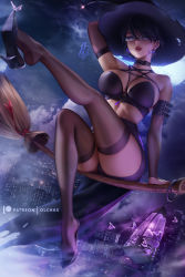 Rule 34 | 1girl, artist name, bayonetta, bayonetta (series), black choker, black hair, black panties, black thighhighs, breasts, bridal gauntlets, broom, broom riding, bug, bustier, butterfly, choker, city, commentary, earrings, elbow gloves, english commentary, flying, full moon, glasses, gloves, hand on headwear, hat, high heels, insect, jewelry, lantern, large breasts, lips, looking at viewer, mole, mole under mouth, moon, night, olchas, panties, pencil skirt, purple eyes, short hair, sidesaddle, skirt, solo, thighhighs, underwear, witch hat