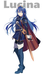 Rule 34 | 1girl, arms at sides, belt, belt buckle, black cape, blue eyes, blue hair, boots, buckle, cape, closed mouth, falchion (fire emblem), fingerless gloves, fire emblem, fire emblem awakening, full body, gloves, hair ornament, highres, long hair, long sleeves, looking at viewer, lucina (fire emblem), nintendo, ribbed sweater, ryon (ryonhei), smile, solo, sweater, sword, symbol in eye, thigh boots, thighhighs, tiara, turtleneck, very long hair, weapon, white background, wrist cuffs