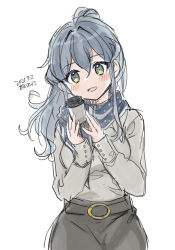 Rule 34 | 1girl, artist name, belt buckle, blue eyes, blue hair, blue scarf, buckle, commentary request, cowboy shot, dated, gotland (kancolle), grey skirt, grey sweater, holding, kantai collection, kirisawa juuzou, long hair, long sleeves, looking at viewer, mole, mole under eye, official alternate costume, polka dot, polka dot scarf, ponytail, scarf, simple background, skirt, smile, solo, sweater, tumbler, white background
