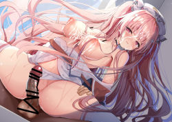 Rule 34 | 1boy, 1girl, azur lane, bar censor, blush, breasts, censored, clothing aside, cross hair ornament, cum, cum on body, cum on breasts, cum on upper body, curtains, day, facial, from behind, hair ornament, highres, huge breasts, indoors, madotsukumo, nipples, panties, panties aside, parted lips, penis, perseus (azur lane), perseus (unfamiliar duties) (azur lane), pink hair, purple eyes, sweat, thighhighs, twintails, underwear, white panties, white thighhighs