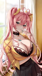 Rule 34 | 1girl, aqua eyes, arm under breasts, black skirt, breasts, choker, cleavage, collar, collared shirt, dripping, finger to mouth, hair ribbon, highres, indoors, large breasts, looking at viewer, makeup, mascara, original, pink hair, ribbon, shirt, skirt, tacco (tikeworld), twintails, upper body, window