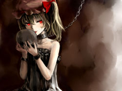 Rule 34 | 1girl, alternate costume, bare arms, bare shoulders, blonde hair, camisole, chain, choker, cuffs, eyelashes, flandre scarlet, goocn, gradient background, hat, hat ribbon, licking, looking at viewer, mob cap, red eyes, ribbon, shackles, short hair, side ponytail, skull, solo, touhou