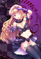 Rule 34 | 1girl, =&gt;, =&lt;, alternate costume, animal ear legwear, arm cuffs, arm up, black panties, black thighhighs, blonde hair, bow, breasts, cat ear legwear, character name, checkered background, choker, cleavage, double v, elbow gloves, female focus, foreshortening, frilled choker, frills, gap (touhou), gloves, hair bow, hat, hat ribbon, highres, huangquan dong (sinchi), lace, lace-trimmed skirt, lace trim, large breasts, light particles, long hair, looking at viewer, mob cap, navel, one eye closed, open mouth, panties, purple background, purple eyes, purple gloves, purple skirt, ribbon, skirt, solo, sparkle, stomach, thighhighs, thighs, tongue, touhou, two-tone background, underwear, v, very long hair, yakumo yukari, zoom layer