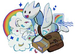 Rule 34 | box, brown bag, cardboard box, cloud, commentary, confetti, creatures (company), english commentary, full body, game freak, gen 2 pokemon, highres, holding, holding letter, letter, nintendo, no humans, open mouth, pokemon, pokemon (creature), postage stamp, rainbow, simple background, smile, solo, togetic, vhsdruid, watermark, white background