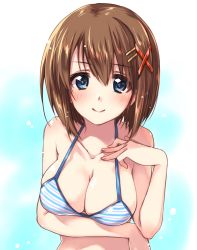 Rule 34 | 1girl, bikini, blue bikini, blue eyes, breast hold, breasts, brown hair, cleavage, closed mouth, collarbone, commentary request, hair ornament, hairclip, hand on own chest, highres, kuroi mimei, light blush, lyrical nanoha, mahou shoujo lyrical nanoha strikers, medium breasts, partial commentary, short hair, smile, solo, striped bikini, striped clothes, swimsuit, upper body, x hair ornament, yagami hayate