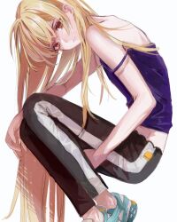 Rule 34 | 1girl, bare arms, bare shoulders, black pants, blonde hair, blue camisole, camisole, closed mouth, highres, leaning forward, long hair, looking at viewer, looking to the side, original, pants, red eyes, shoes, simple background, sneakers, solo, srnmomo, strap slip, sweatpants, very long hair, white background