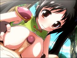 Rule 34 | animated, animated gif, armor, black hair, breasts, brown eyes, censored, chunsoft, dragon quest, dragon quest iii, enix, fighter (dq3), happy, kate sai, large breasts, long hair, nipples, paizuri, penis, source request, twintails