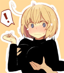 Rule 34 | !, ^^^, 1girl, blonde hair, blue eyes, blush, grabbing another&#039;s breast, crie, grabbing, original, outline, short hair, solo focus, sukima (crie), sweater, yellow background
