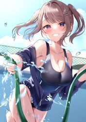 Rule 34 | 1girl, black jacket, black one-piece swimsuit, blue sky, blush, breasts, brown eyes, brown hair, chain-link fence, cleavage, cloud, collarbone, competition swimsuit, day, empty pool, fence, grin, hamico, highres, holding, holding hose, hose, jacket, looking at viewer, medium breasts, one-piece swimsuit, original, outdoors, pool, school uniform, short twintails, sky, smile, standing, swimsuit, swimsuit under clothes, twintails, water, water drop