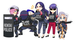 Rule 34 | 1boy, 4girls, abigail williams (fate), absurdres, alternate costume, armlet, assault rifle, ballistic shield, berserker (fate/zero), black footwear, blowing whistle, blue eyes, blush, body armor, breasts, bulletproof vest, coat, fate/grand order, fate (series), fingerless gloves, gloves, gun, hair over one eye, hair ribbon, hand on own hip, helmet, high heels, highres, lancelot (fate/grand order), large breasts, martha (fate), mash kyrielight, mask, minamoto no raikou (fate), monkey jon, multiple girls, pants, parted bangs, pink hair, pointing, police, police badge, police uniform, policewoman, purple eyes, purple hair, red pants, ribbon, rifle, shield, simple background, standing, sunglasses, uniform, vest, wavy mouth, weapon, white background, white headwear