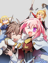 Rule 34 | 2girls, 3boys, armor, astolfo (fate), bandeau, black bow, blonde hair, blue eyes, bow, braid, cape, clarent (fate), commentary, fang, fate/apocrypha, fate/grand order, fate (series), french braid, gauntlets, hair ribbon, headpiece, highres, jeanne d&#039;arc (fate), jeanne d&#039;arc (ruler) (fate), long hair, looking at viewer, mordred (fate), mordred (fate/apocrypha), multicolored hair, multiple boys, multiple girls, open mouth, pink hair, ponytail, purple eyes, ribbon, scrunchie, shishigou kairi, sieg (fate), silver background, single braid, smile, standard bearer, streaked hair, trap, xin yu hua yin