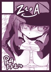 Rule 34 | 1girl, androgynous, atlus, bandages, breast bind, breasts, cabbie hat, circle cut, cleavage, from above, hat, jacket, looking up, monochrome, panties, persona, persona 4, purple theme, reverse trap, sarashi, shirogane naoto, short hair, small breasts, solo, soreko, underwear, undressing
