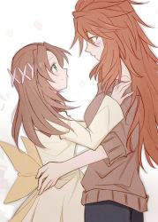 Rule 34 | 2girls, amou kanade, aqua eyes, blush, brown hair, casual, dress, face-to-face, flower, green eyes, hair flower, hair ornament, hands on another&#039;s hips, hands on another&#039;s shoulders, height difference, highres, long hair, looking at another, multiple girls, orange eyes, red hair, senki zesshou symphogear, senki zesshou symphogear xd unlimited, serena cadenzavna eve, smile, sweater, yuri