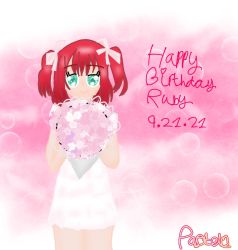 Rule 34 | 1girl, aqua eyes, artist name, artist request, blush, bouquet, breasts, dress, female focus, flower, green eyes, hair between eyes, hair ribbon, holding, holding bouquet, kurosawa ruby, looking at viewer, love live!, love live! sunshine!!, miniskirt, parted lips, pink background, pink skirt, plaid, plaid dress, plaid skirt, pleated, pleated dress, pleated skirt, red hair, ribbon, short hair, skirt, smile, solo, twintails, two side up, white dress, white ribbon