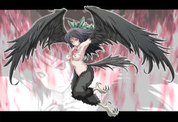Rule 34 | 1girl, ao usagi, black hair, bow, breasts, female focus, full body, hair bow, harpy, large breasts, long hair, monster girl, no nipples, nude, red eyes, reiuji utsuho, solo, touhou, winged arms, wings, zoom layer