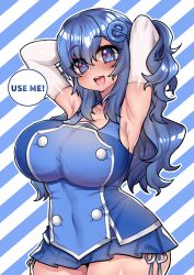 Rule 34 | 1girl, armpits, arms behind head, arms up, blue eyes, blue hair, blush, breasts, covered navel, cowboy shot, curvy, elbow gloves, english text, gloves, hair between eyes, hair ornament, heart, heart-shaped pupils, internet explorer, large breasts, long hair, looking at viewer, microskirt, open mouth, original, osiimi, personification, skirt, sleeveless, smile, solo, speech bubble, striped, striped background, symbol-shaped pupils, wide hips