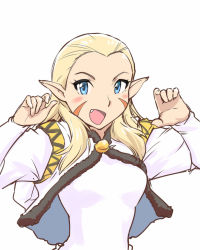 Rule 34 | 1girl, :d, blonde hair, blue eyes, blush, facial mark, fang, jacket, jessica de alkirk, long hair, looking at viewer, lunar, lunar: the silver star, open mouth, pointy ears, shirt, simple background, smile, solo, ueyama michirou, upper body, white background, white jacket, white shirt