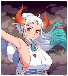 Rule 34 | 1girl, absurdres, armpits, artist name, bare shoulders, blush, breasts, earrings, gradient hair, green hair, highres, horns, jewelry, large breasts, lips, long hair, looking to the side, multicolored hair, one piece, ponytail, shiny skin, sideboob, simmsy, sleeveless, solo, upper body, white hair, yamato (one piece), yellow eyes