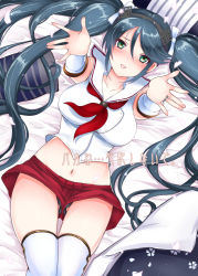 Rule 34 | 10s, 1girl, bed sheet, black panties, blue hair, blush, breasts, collarbone, crop top, crop top overhang, detached sleeves, futon, green eyes, groin, hair ribbon, headgear, incoming hug, isuzu (kancolle), jewelry, kantai collection, lagarto, large breasts, long hair, looking at viewer, lying, midriff, navel, neckerchief, on back, open mouth, outstretched arms, panties, petals, ribbon, ring, school uniform, short shorts, shorts, smile, solo, thigh gap, thighhighs, twintails, underwear, upshorts