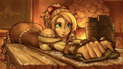 Rule 34 | 1girl, bare shoulders, bent over, blonde hair, bow, breast press, breasts, bucket, cleaning, cobblestone, commentary, corset, dirty, dirty face, dress, elf, english commentary, fantasy, fire, green eyes, hair bow, highres, indoors, lin (ronindude), lips, medium breasts, nose, original, plant roots, pointy ears, ponytail, portrait (object), rag, revision, ronindude, soap bubbles, solo, table, tree, waitress, watermark, web address, wooden bucket