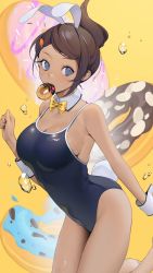 Rule 34 | 1girl, alternate costume, animal ears, asahina aoi, bad id, bad twitter id, barefoot, blue eyes, blue one-piece swimsuit, breasts, brown hair, carrot hair ornament, cleavage, competition school swimsuit, danganronpa: trigger happy havoc, danganronpa (series), dark-skinned female, dark skin, detached collar, doughnut, food, food-themed hair ornament, hair ornament, highres, large breasts, mouth hold, ohisashiburi, one-piece swimsuit, playboy bunny swimsuit, ponytail, rabbit ears, rabbit girl, rabbit tail, school swimsuit, solo, swimsuit, tail, water drop, wrist cuffs, yellow background, yellow neckwear