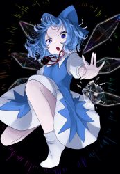 Rule 34 | 1girl, blue bow, blue dress, blue eyes, blue hair, bow, cirno, collared shirt, detached wings, dress, fairy, hair bow, highres, ice, ice wings, izumi no yasushi aya, open mouth, puffy short sleeves, puffy sleeves, shirt, short hair, short sleeves, socks, solo, touhou, white shirt, white socks, wings