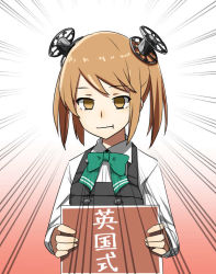 Rule 34 | 1girl, :t, brown eyes, commentary request, dress, emphasis lines, gradient background, green ribbon, kantai collection, light brown hair, michishio (kancolle), michishio kai ni (kancolle), neck ribbon, pinafore dress, ribbon, short twintails, sign, sleeveless dress, solo, translation request, twintails, yoohei (pizzadev)
