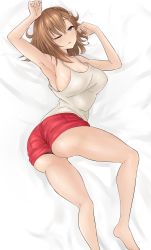 Rule 34 | 1girl, absurdres, areola slip, artist request, ass, atelier (series), atelier ryza, bare shoulders, barefoot, blush, breasts, brown eyes, brown hair, from behind, highres, large breasts, looking at viewer, lying, on side, one eye closed, open mouth, parted lips, red shorts, reisalin stout, shiny clothes, shiny skin, shirt, short hair, short shorts, shorts, solo, waking up, wince