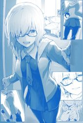 Rule 34 | 1boy, 1girl, blue theme, comic, eyes visible through hair, fate/grand order, fate (series), fujimaru ritsuka (male), glasses, hair over one eye, holding hands, hetero, indoors, mash kyrielight, monochrome, room, smile, standing, syatey
